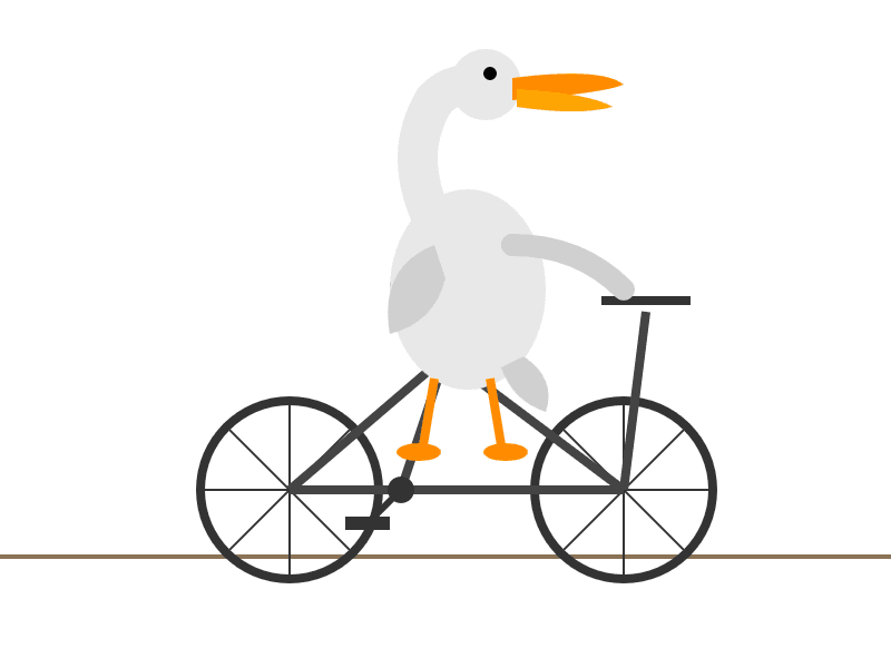 Illustration of a white goose riding a bicycle, with one wing extended forward to grip the handlebar, set against a plain white background with a brown ground line.