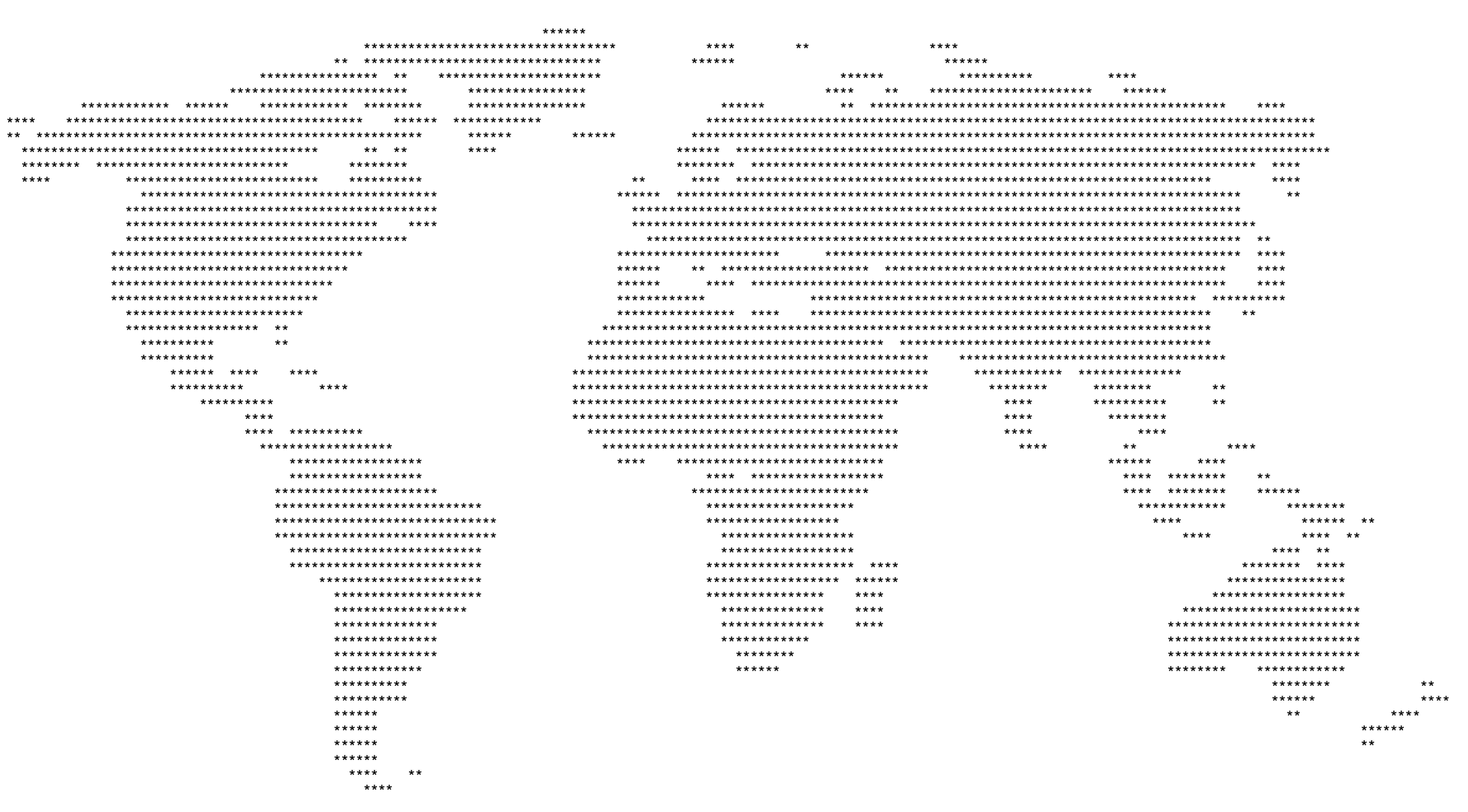 A map of the world rendered as black asterisk ASCII characters, it looks very good