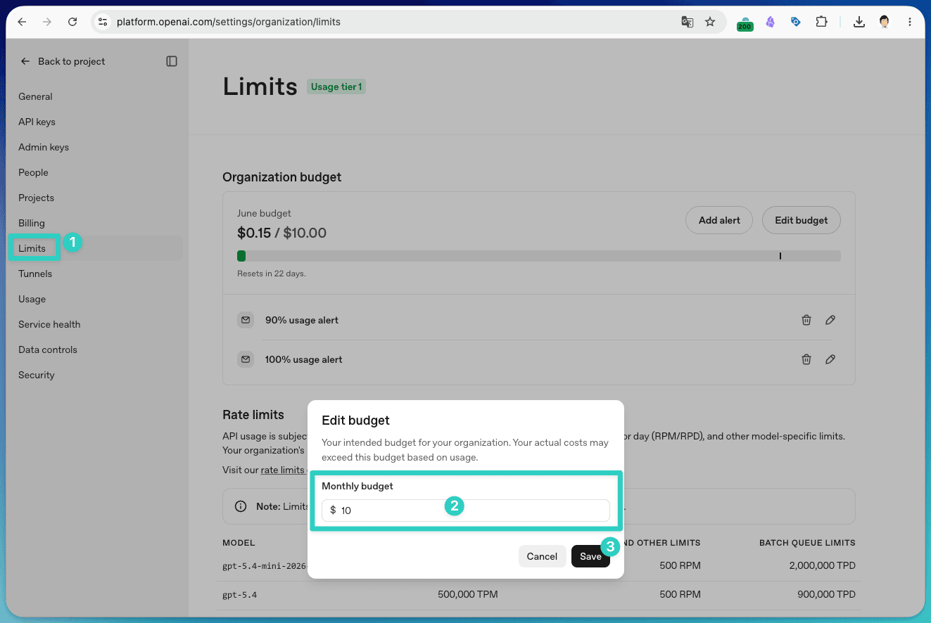 スクリーンショット: Limits設定画面