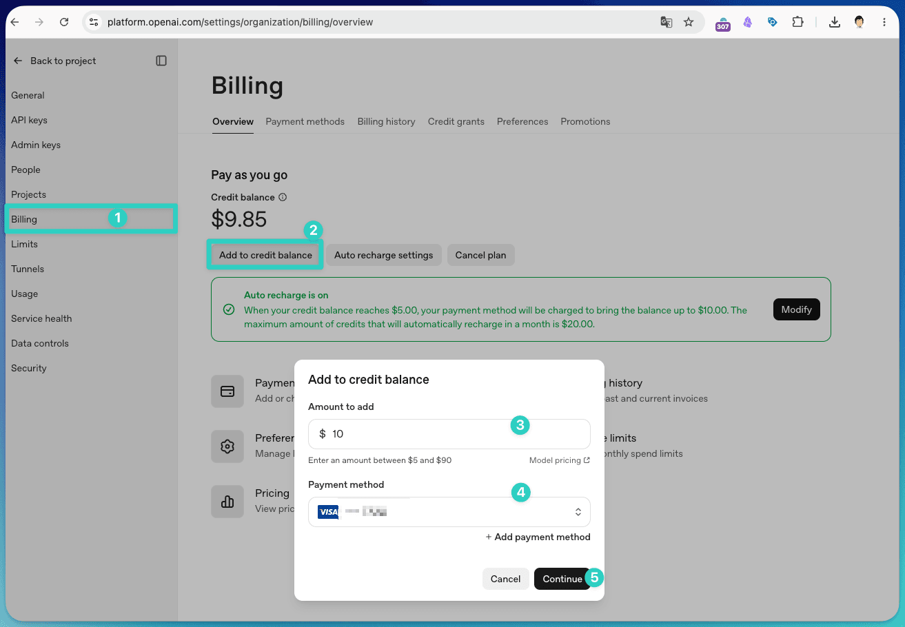 スクリーンショット: Billingページのクレジット追加画面