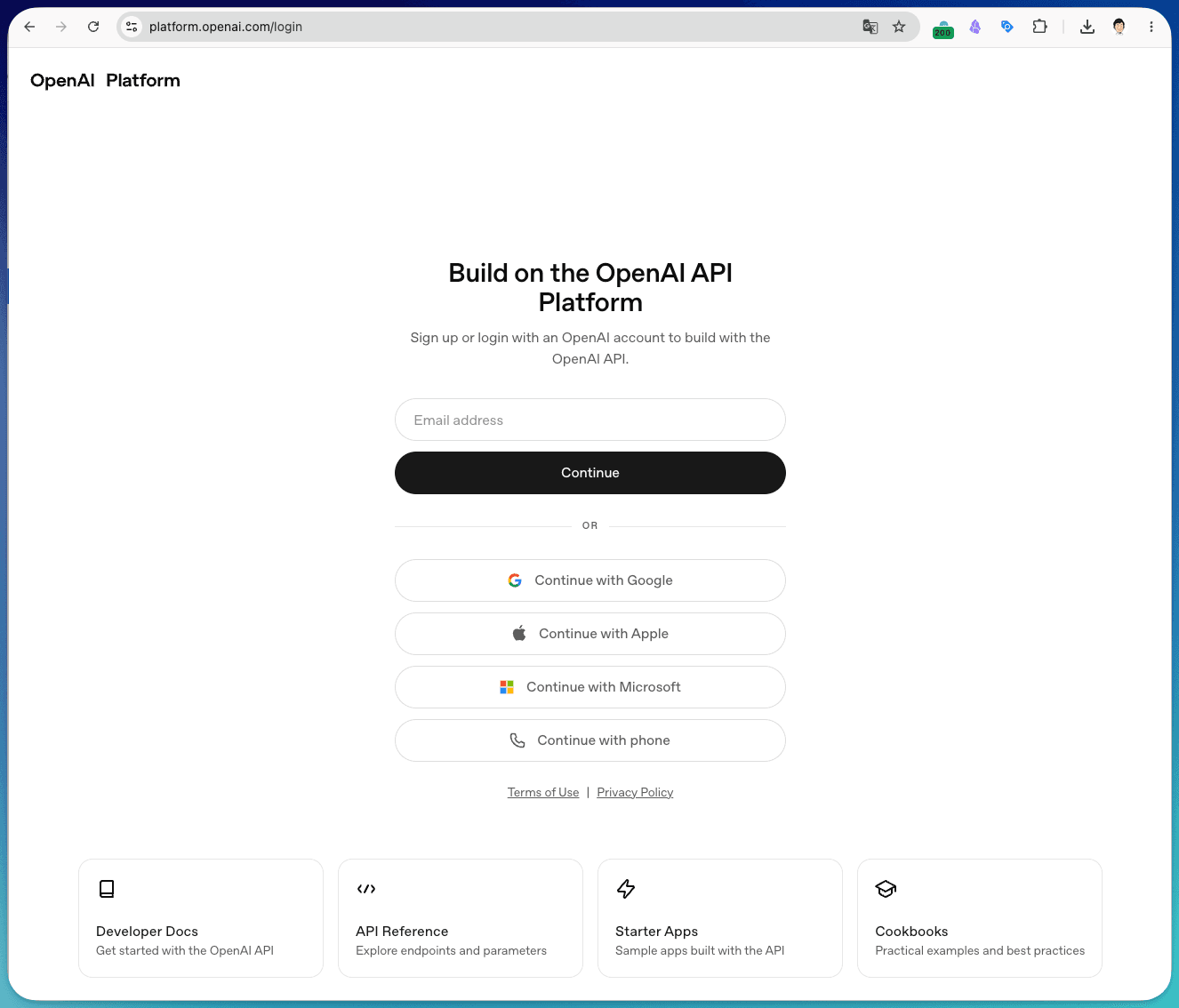 スクリーンショット: platform.openai.com のトップページ