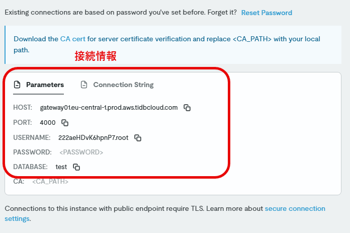 TiDB CloudのConnect画面