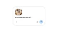 A chat input box mockup featuring an uploaded thumbnail of dog-themed latte art, the text "Is this generated with AI?", and action icons for adding files, voice input, and sending.