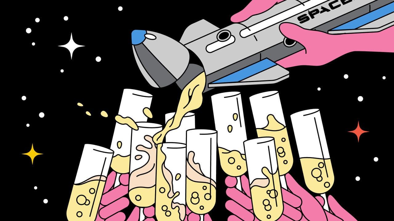 Illustration of hands holding a SpaceX rocket with the nose open and pouring out champagne into a lot of champagne glasses