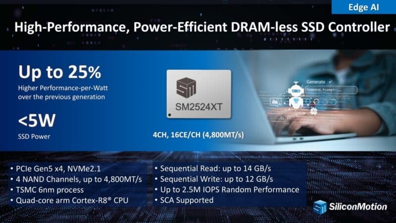 Edge AI High-Performance, Power-Efficient DRAM-less SSD Controller Up to 25% Higher Performance-per-Watt over the