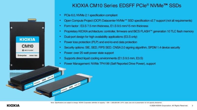 KIOXIA CM10 Series EDSFF PCIe NVMe specifications