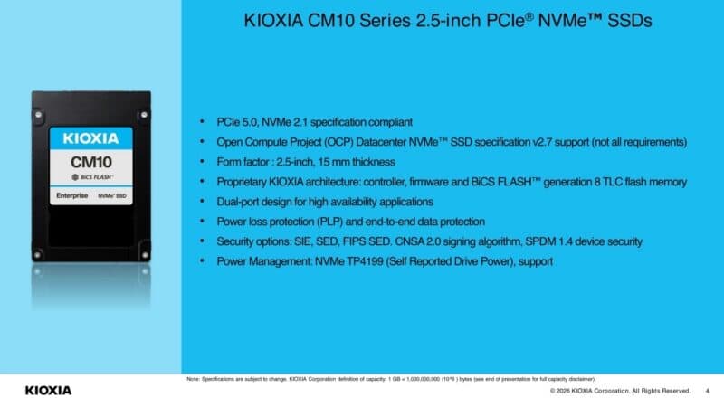 KIOXIA CM10 Series 2.5-inch PCIe NVMe specifications